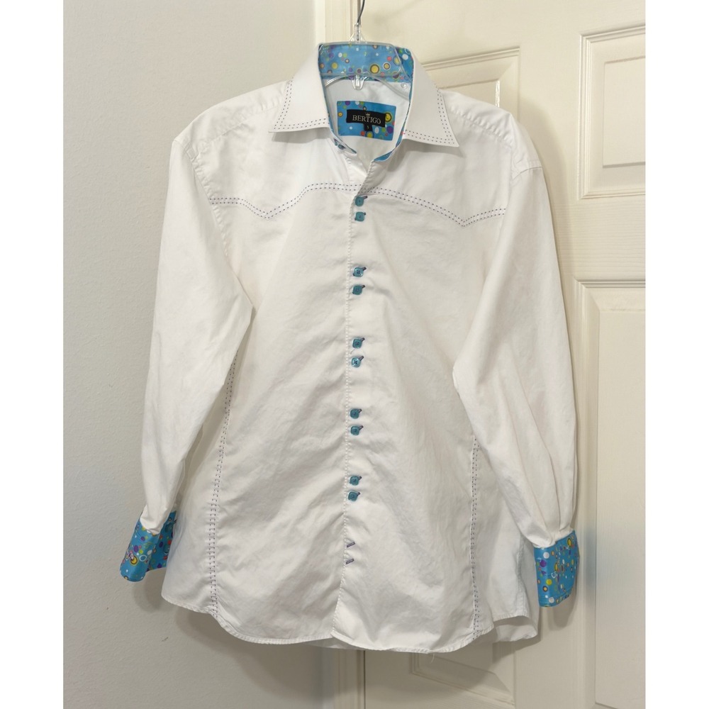 Bertigo Mens sz L White Shirt Purple Stitch  Night Out‎ Designer Menswear Luxury